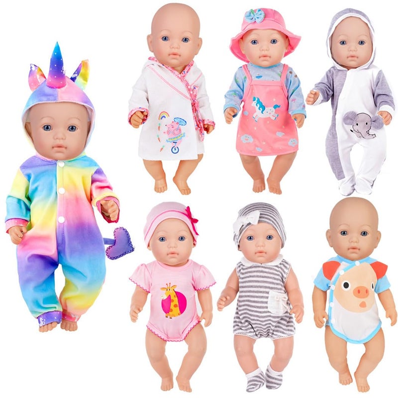 iBayda 7 Sets Baby Doll Clothes & Accessories Include Rompers, Dresses and Hats for 14-16 Inch (35-43cm) Newborn Dolls (Doll Not Included) - Image 1